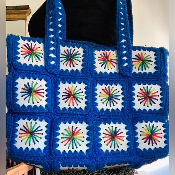 Vintage Granny Crochet Blue Rainbow XL Tote - Picture 2 of 6